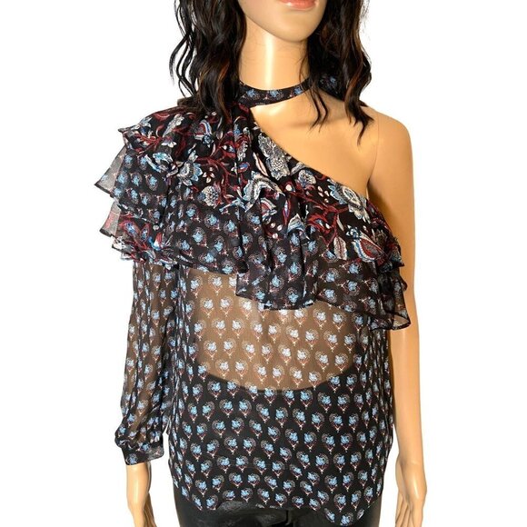 Veronica Beard 100% Silk Isla One Shoulder Ruffle Sheer Blouse Black Size 4 - Picture 1 of 6